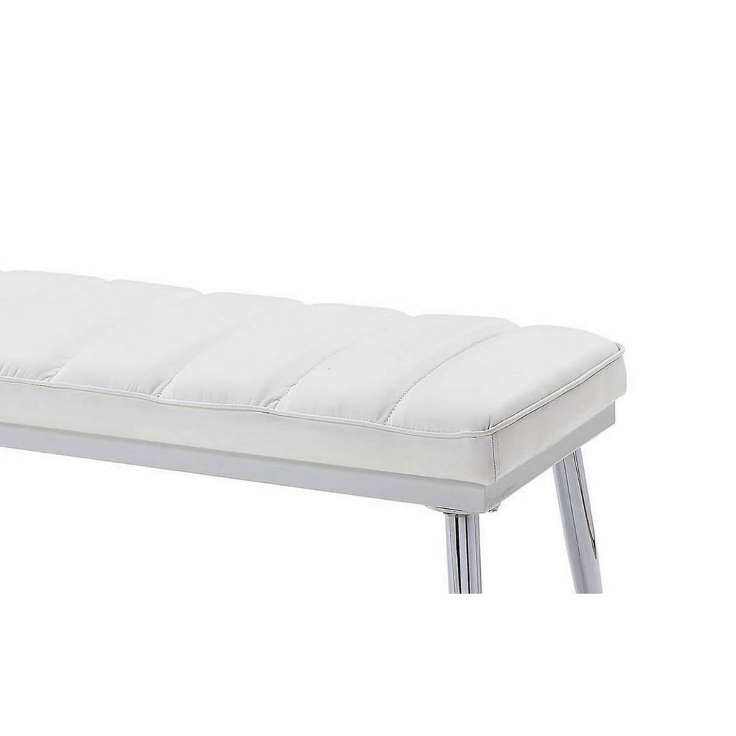 Metal And Faux Leather Bench With Vertical Chanel Tufts, White And Chrome By Benzara | Benches |  Modishstore  - 5