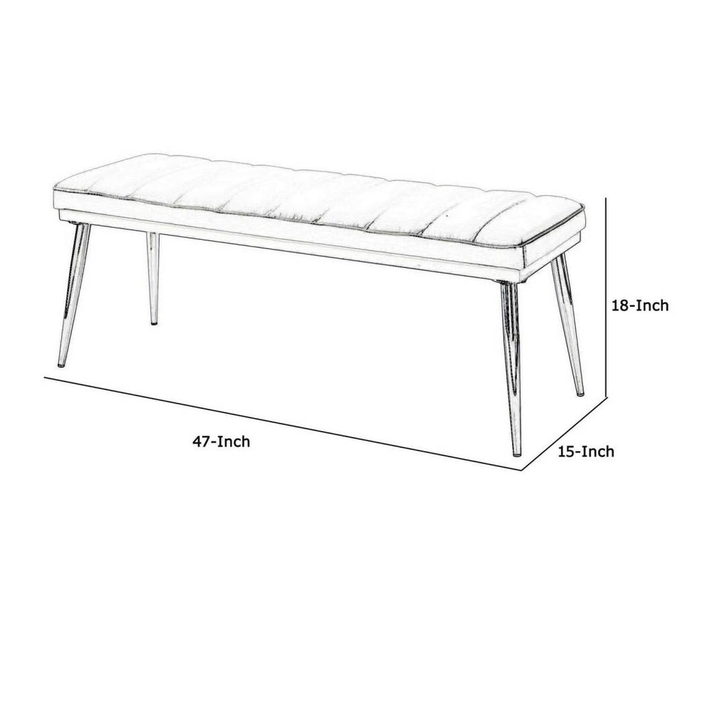 Metal And Faux Leather Bench With Vertical Chanel Tufts, White And Chrome By Benzara | Benches |  Modishstore  - 3