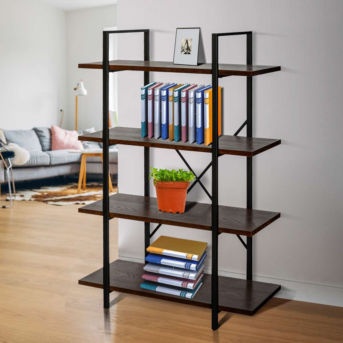 4 Tier Wood And Metal Frame Bookcase With X Shape Design, Brown And Black By Benzara | Bookcases |  Modishstore 