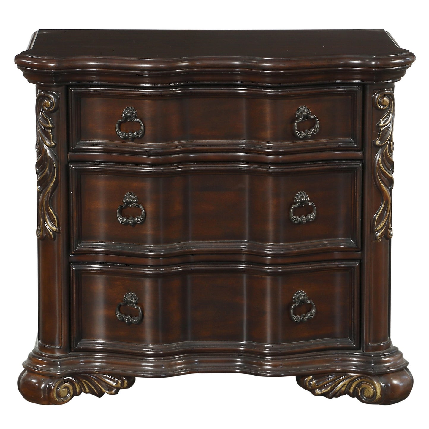 3 Drawer Nightstand With Carved Pilaster And Bracket Feet, Cherry Brown By Benzara | Nightstands | Modishstore - 4