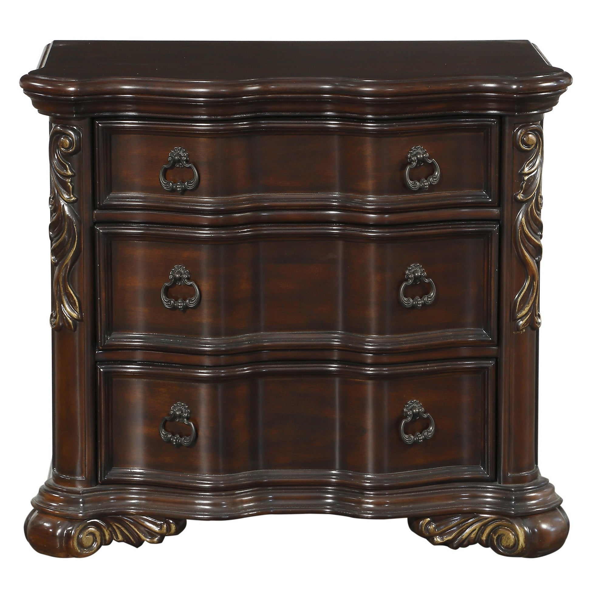 3 Drawer Nightstand With Carved Pilaster And Bracket Feet, Cherry Brown By Benzara | Nightstands | Modishstore - 4