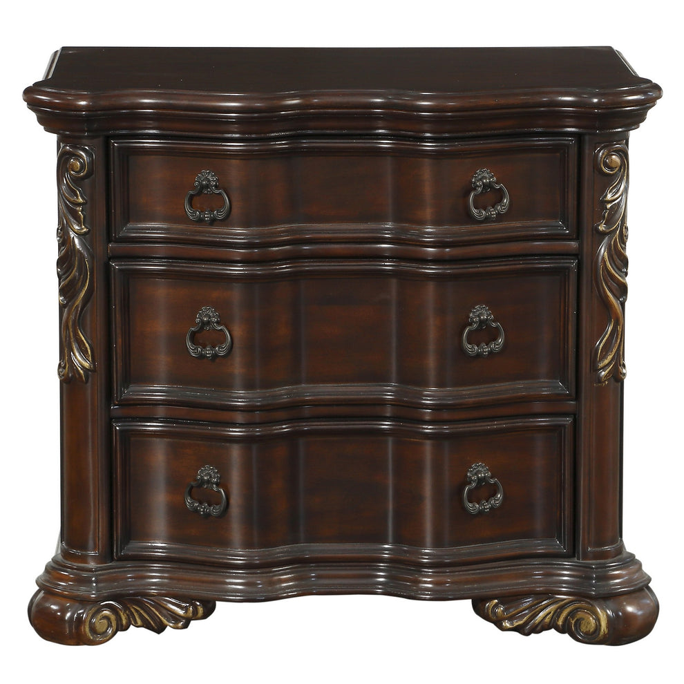 3 Drawer Nightstand With Carved Pilaster And Bracket Feet, Cherry Brown By Benzara | Nightstands | Modishstore - 4
