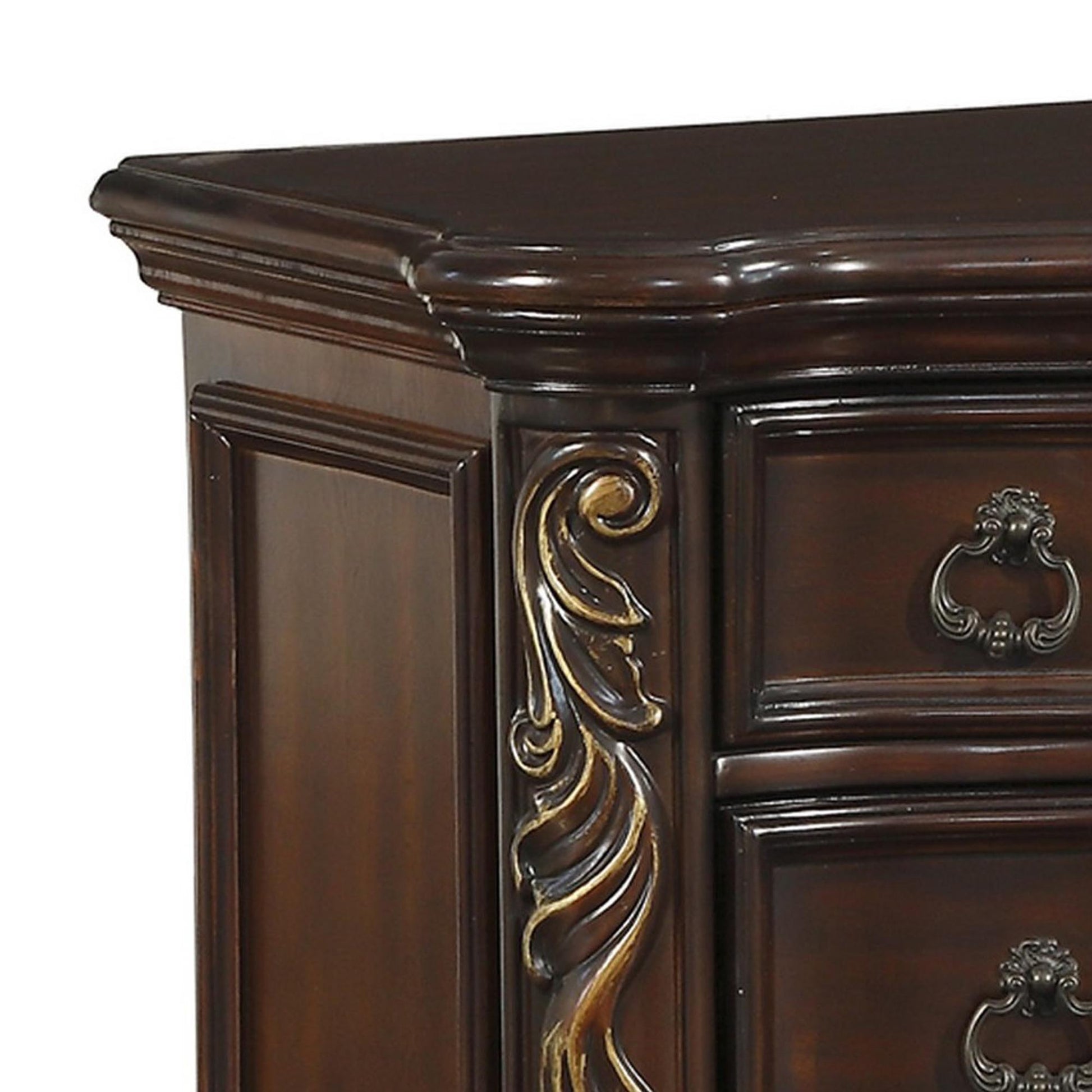 3 Drawer Nightstand With Carved Pilaster And Bracket Feet, Cherry Brown By Benzara | Nightstands | Modishstore - 3