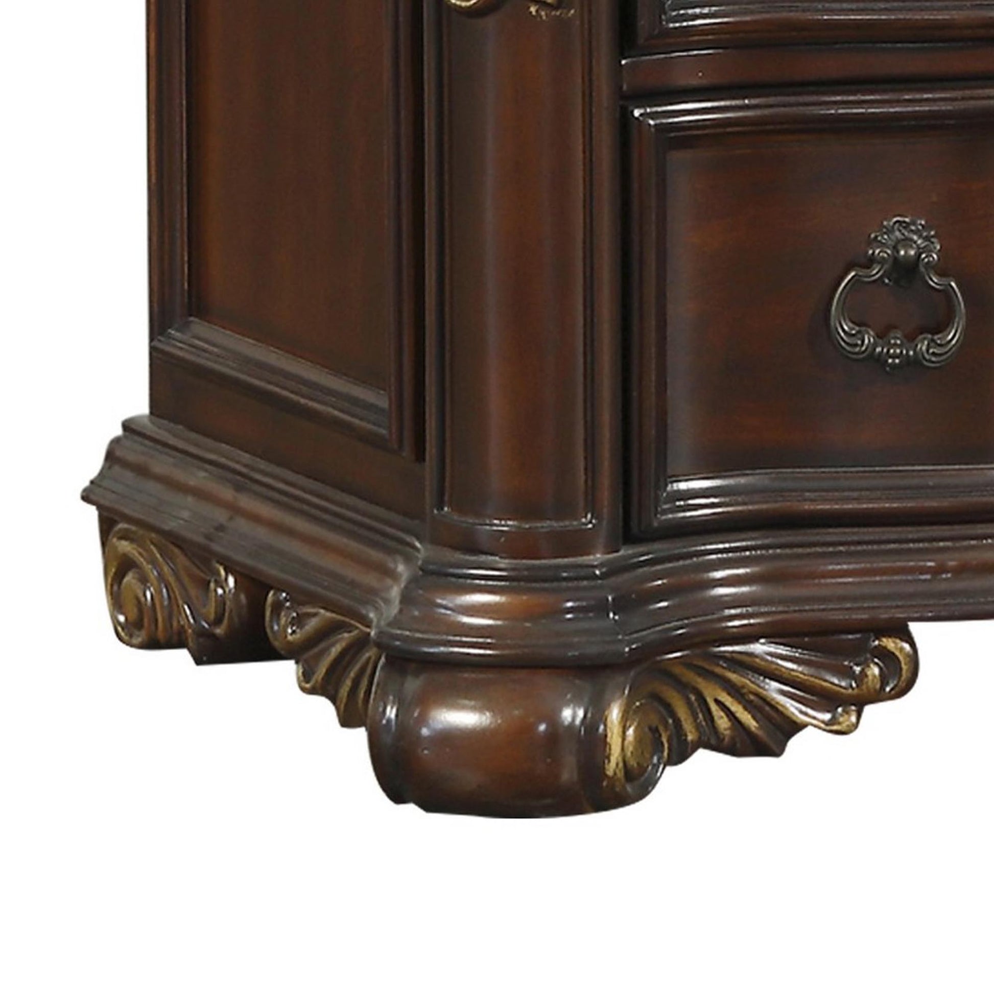3 Drawer Nightstand With Carved Pilaster And Bracket Feet, Cherry Brown By Benzara | Nightstands | Modishstore - 2
