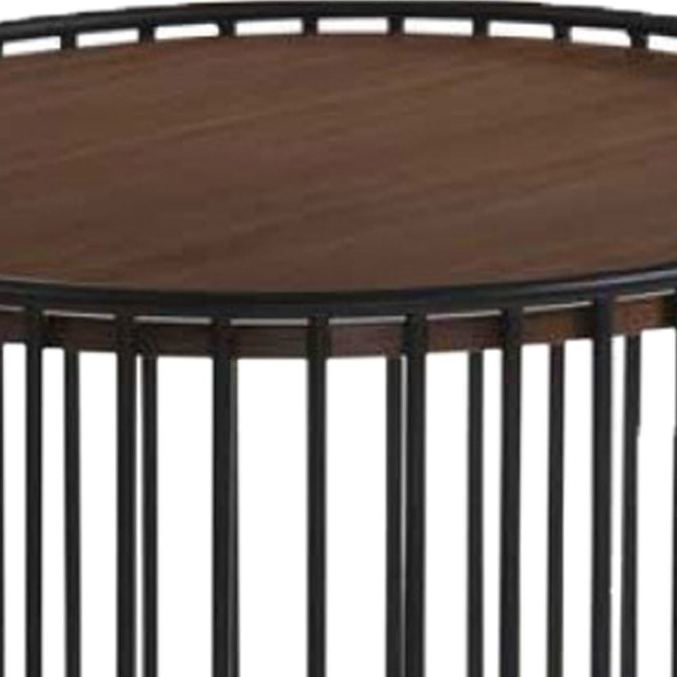 Circular Cage Shaped Metal Frame End Table With Wood Top, Brown And Black - Bm219230 By Benzara | End Tables |  Modishstore  - 3