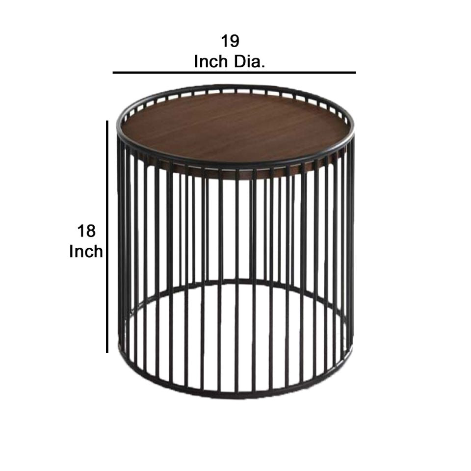 Circular Cage Shaped Metal Frame End Table With Wood Top, Brown And Black - Bm219230 By Benzara | End Tables |  Modishstore  - 2