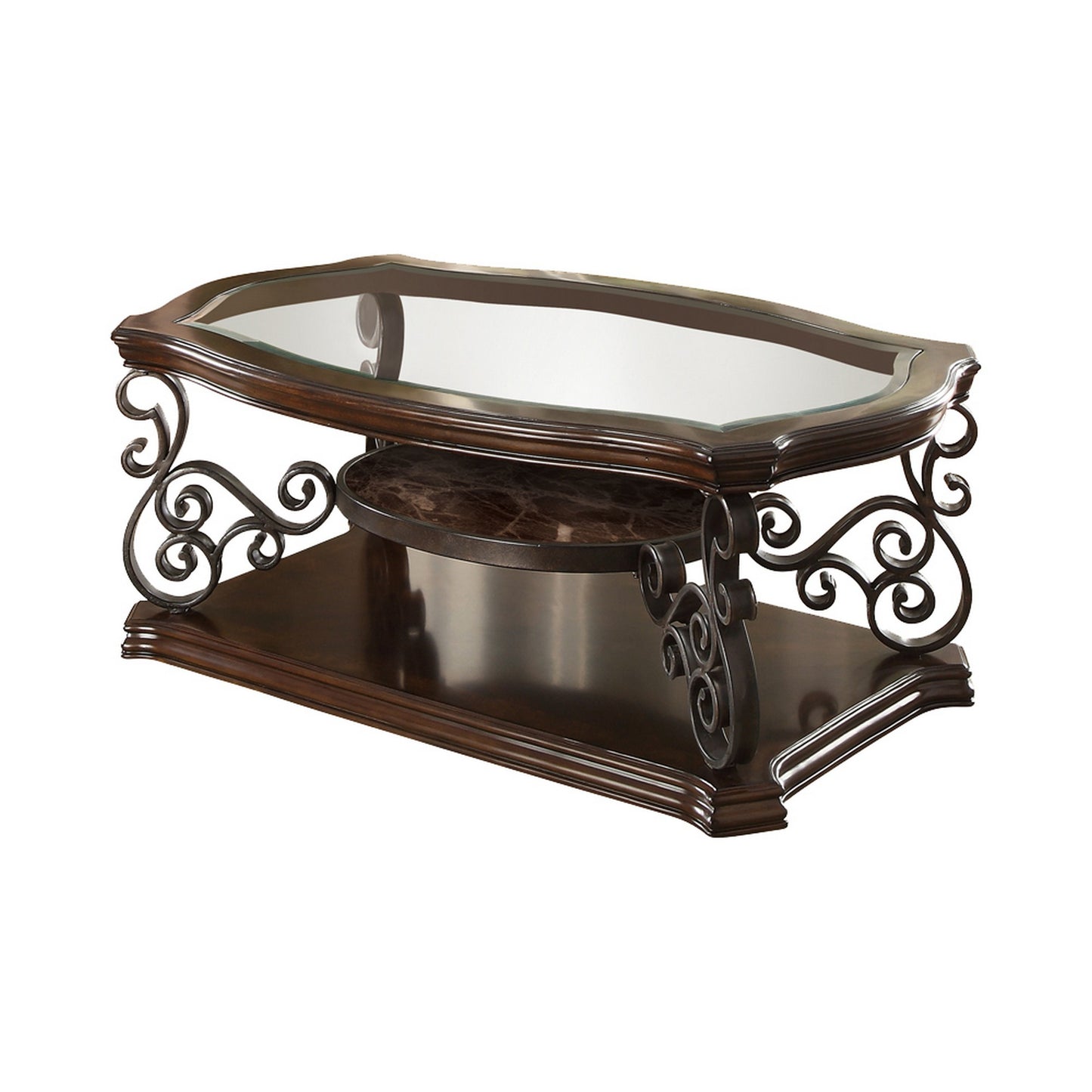 Tempered Glass Top Wooden Coffee Table With Ornate Metal Scrollwork, Brown By Benzara | Coffee Tables | Modishstore