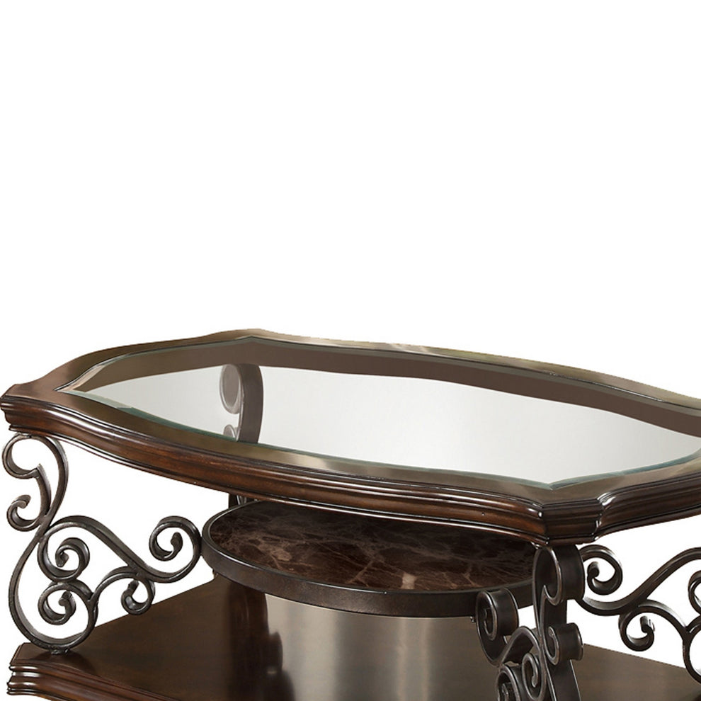 Tempered Glass Top Wooden Coffee Table With Ornate Metal Scrollwork, Brown By Benzara | Coffee Tables | Modishstore - 2
