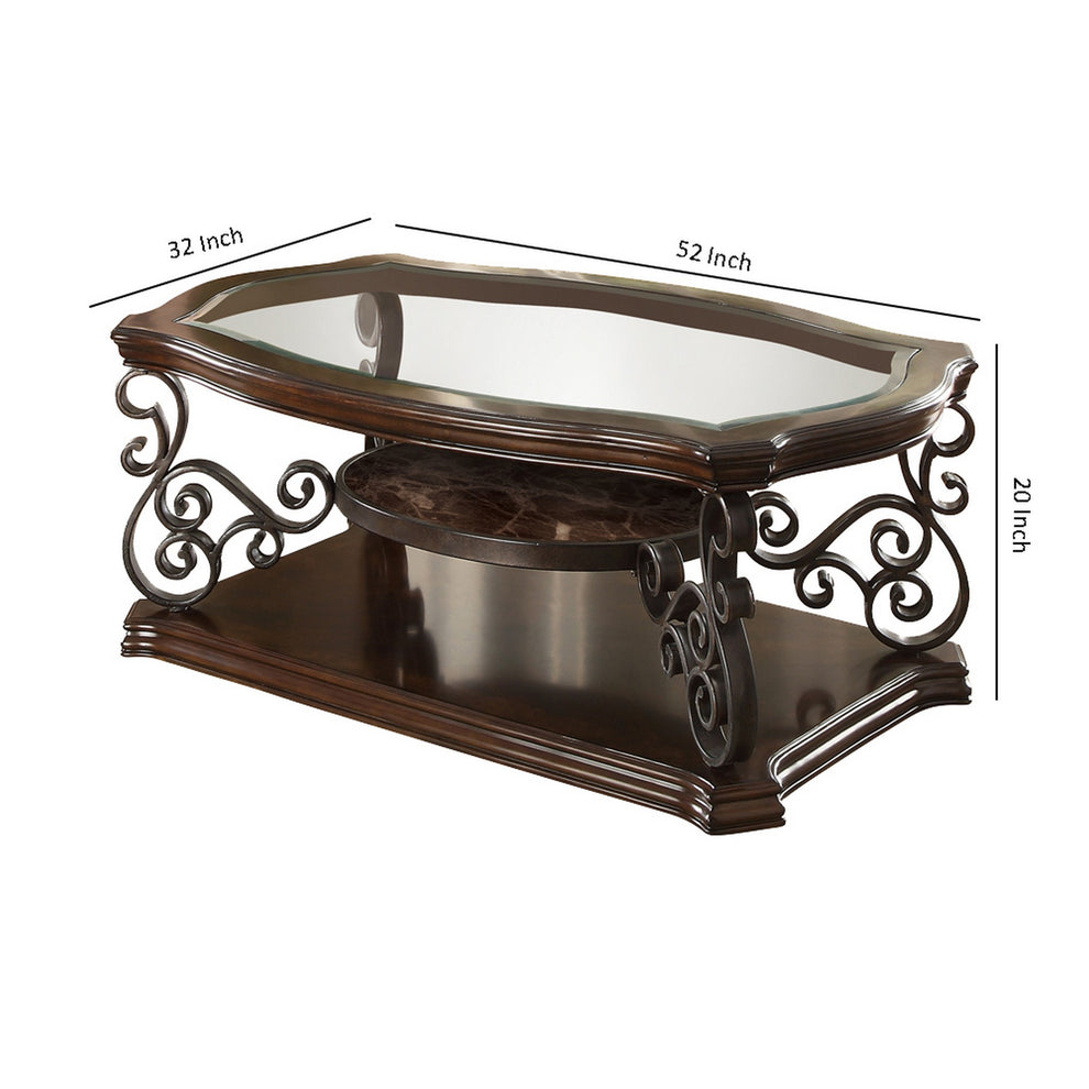 Tempered Glass Top Wooden Coffee Table With Ornate Metal Scrollwork, Brown By Benzara | Coffee Tables | Modishstore - 5