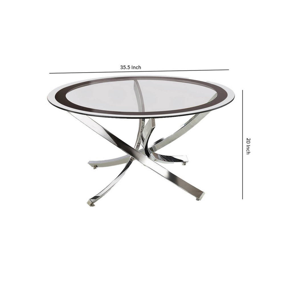 Round Tempered Glass Top Coffee Table With Metal Legs, Silver And Clear By Benzara | Coffee Tables |  Modishstore  - 2
