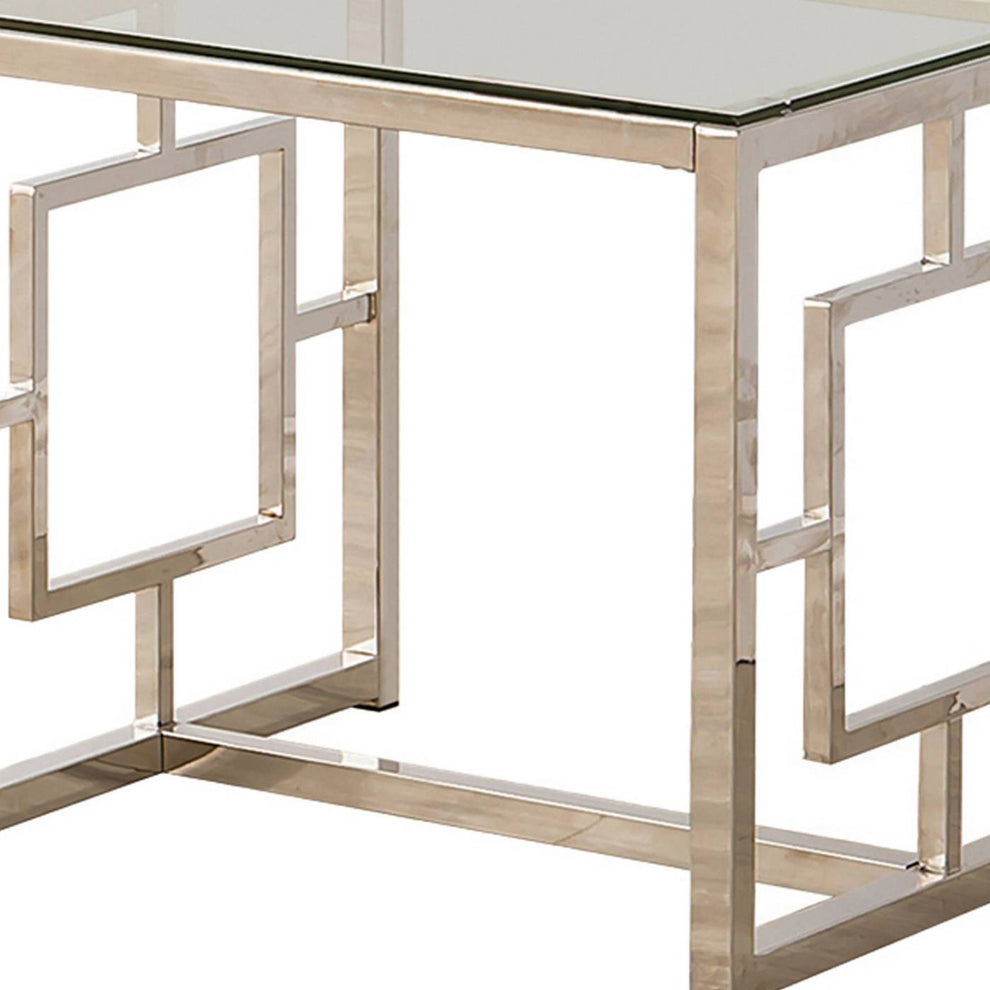 Tempered Glass Top End Table With Lattice Cut Out Panels, Silver And Clear By Benzara | End Tables |  Modishstore  - 4