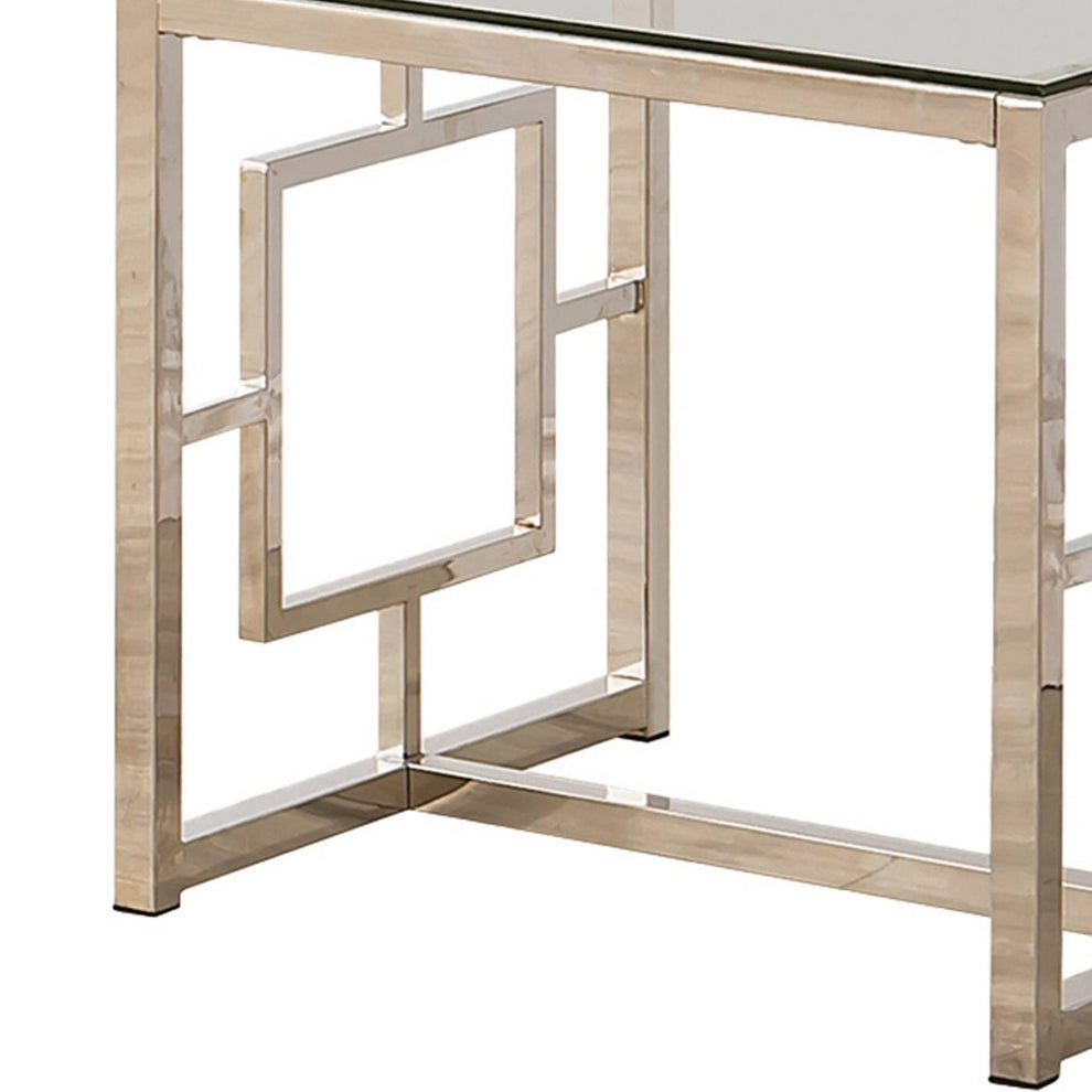 Tempered Glass Top End Table With Lattice Cut Out Panels, Silver And Clear By Benzara | End Tables |  Modishstore  - 3