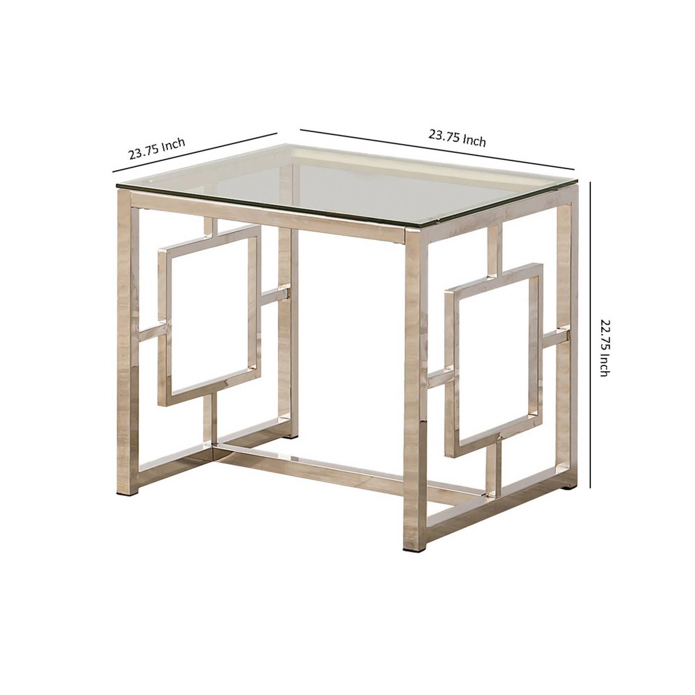 Tempered Glass Top End Table With Lattice Cut Out Panels, Silver And Clear By Benzara | End Tables |  Modishstore  - 2