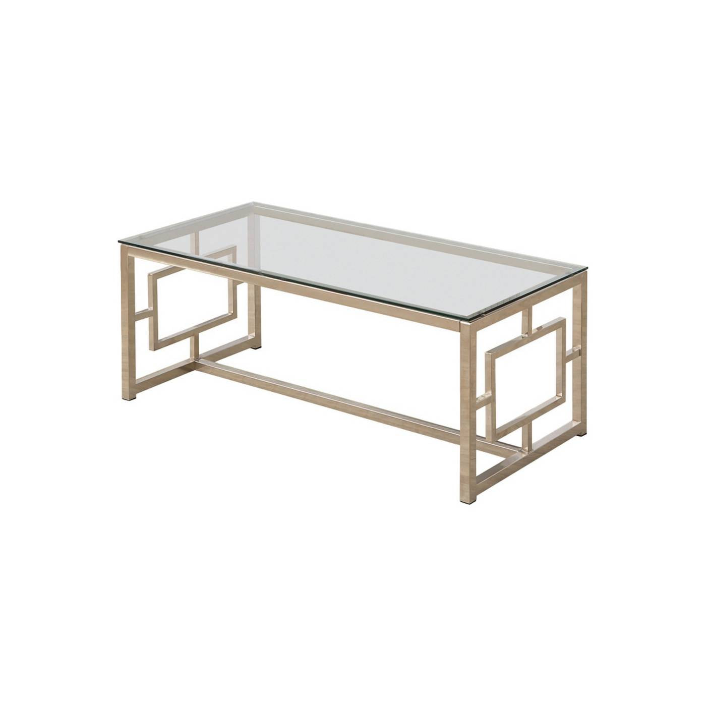 Tempered Glass Top Coffee Table With Lattice Cut Outs, Silver And Clear By Benzara | Coffee Tables |  Modishstore 