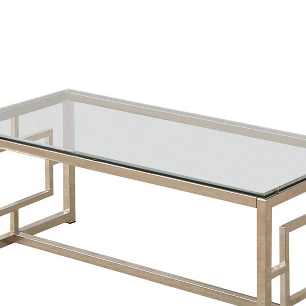 Tempered Glass Top Coffee Table With Lattice Cut Outs, Silver And Clear By Benzara | Coffee Tables |  Modishstore  - 2