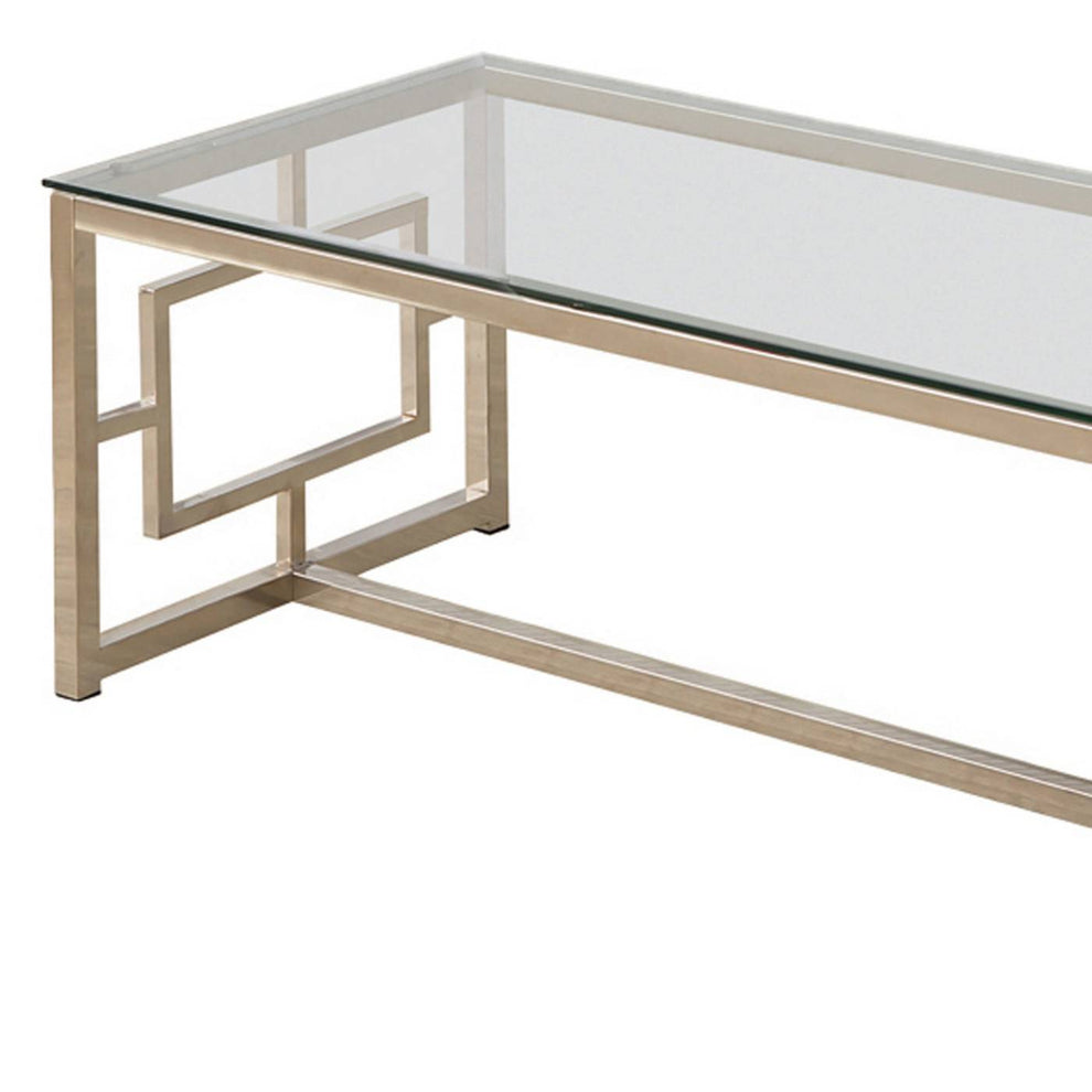 Tempered Glass Top Coffee Table With Lattice Cut Outs, Silver And Clear By Benzara | Coffee Tables |  Modishstore  - 3