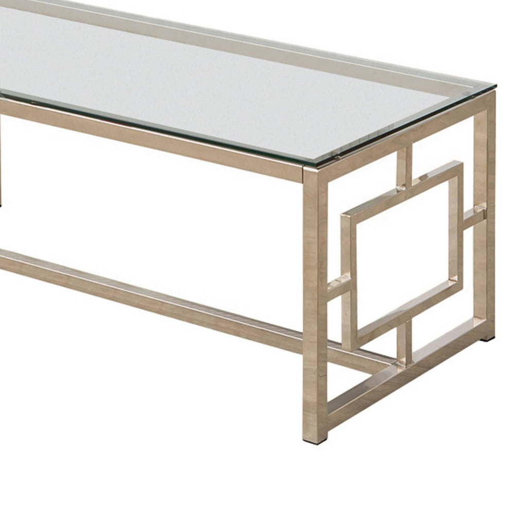Tempered Glass Top Coffee Table With Lattice Cut Outs, Silver And Clear By Benzara | Coffee Tables |  Modishstore  - 4