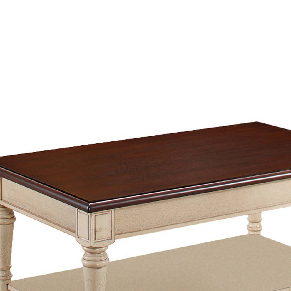 Wooden Frame Coffee Table With Turned Legs, Brown And Antique White By Benzara | Coffee Tables |  Modishstore  - 2
