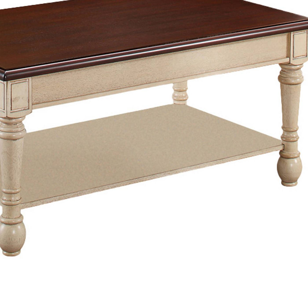 Wooden Frame Coffee Table With Turned Legs, Brown And Antique White By Benzara | Coffee Tables |  Modishstore  - 3