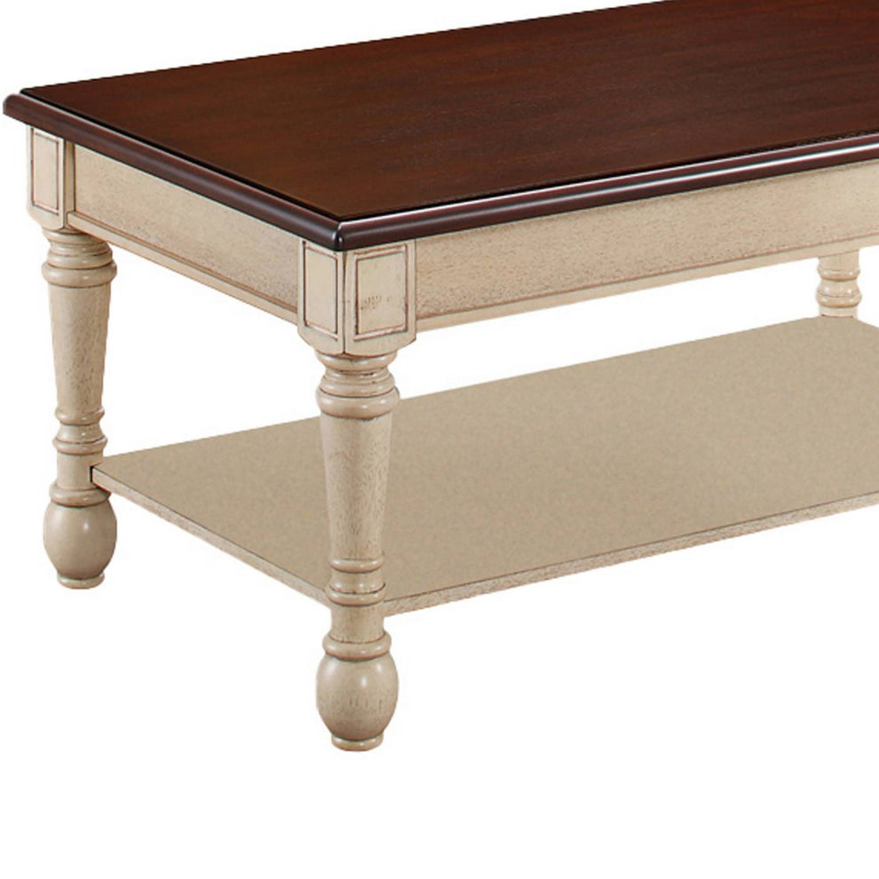 Wooden Frame Coffee Table With Turned Legs, Brown And Antique White By Benzara | Coffee Tables |  Modishstore  - 4