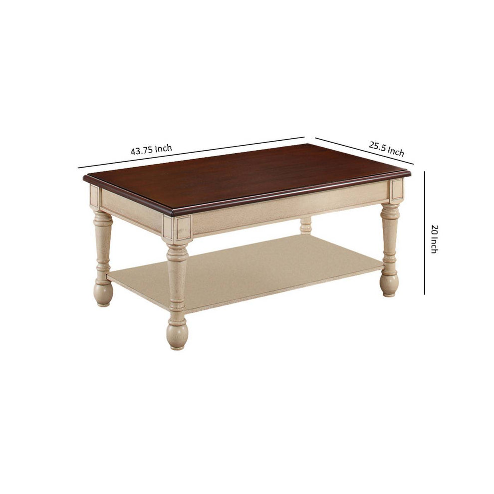 Wooden Frame Coffee Table With Turned Legs, Brown And Antique White By Benzara | Coffee Tables |  Modishstore  - 5