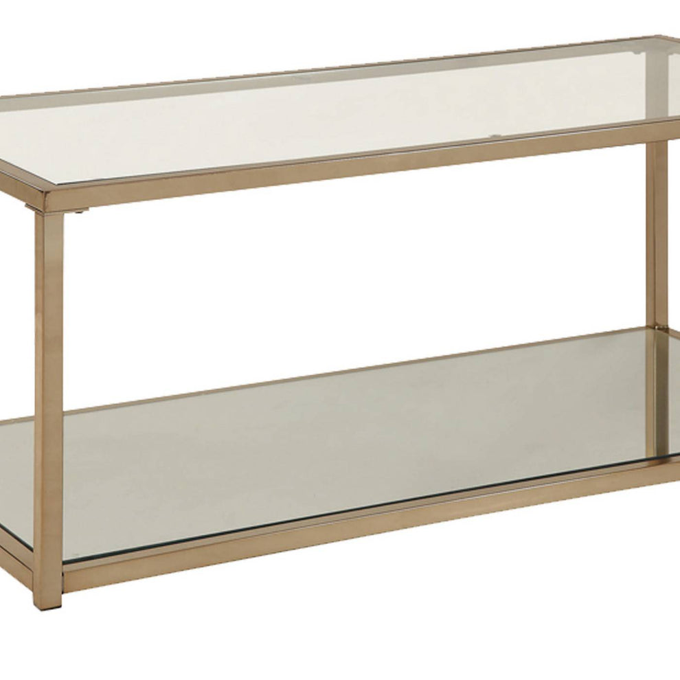 Glass Top Coffee Table With Metal Frame And Open Shelf, Brass By Benzara | Coffee Tables |  Modishstore  - 4