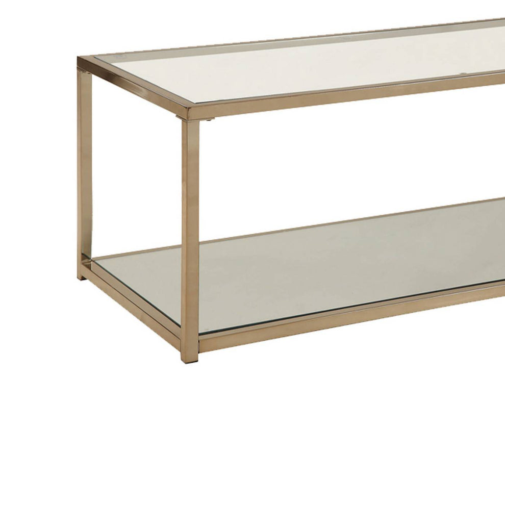 Glass Top Coffee Table With Metal Frame And Open Shelf, Brass By Benzara | Coffee Tables |  Modishstore  - 2