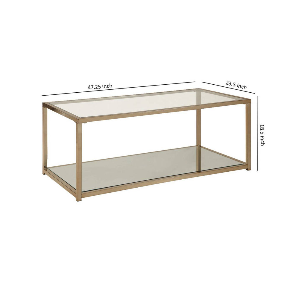 Glass Top Coffee Table With Metal Frame And Open Shelf, Brass By Benzara | Coffee Tables |  Modishstore  - 3