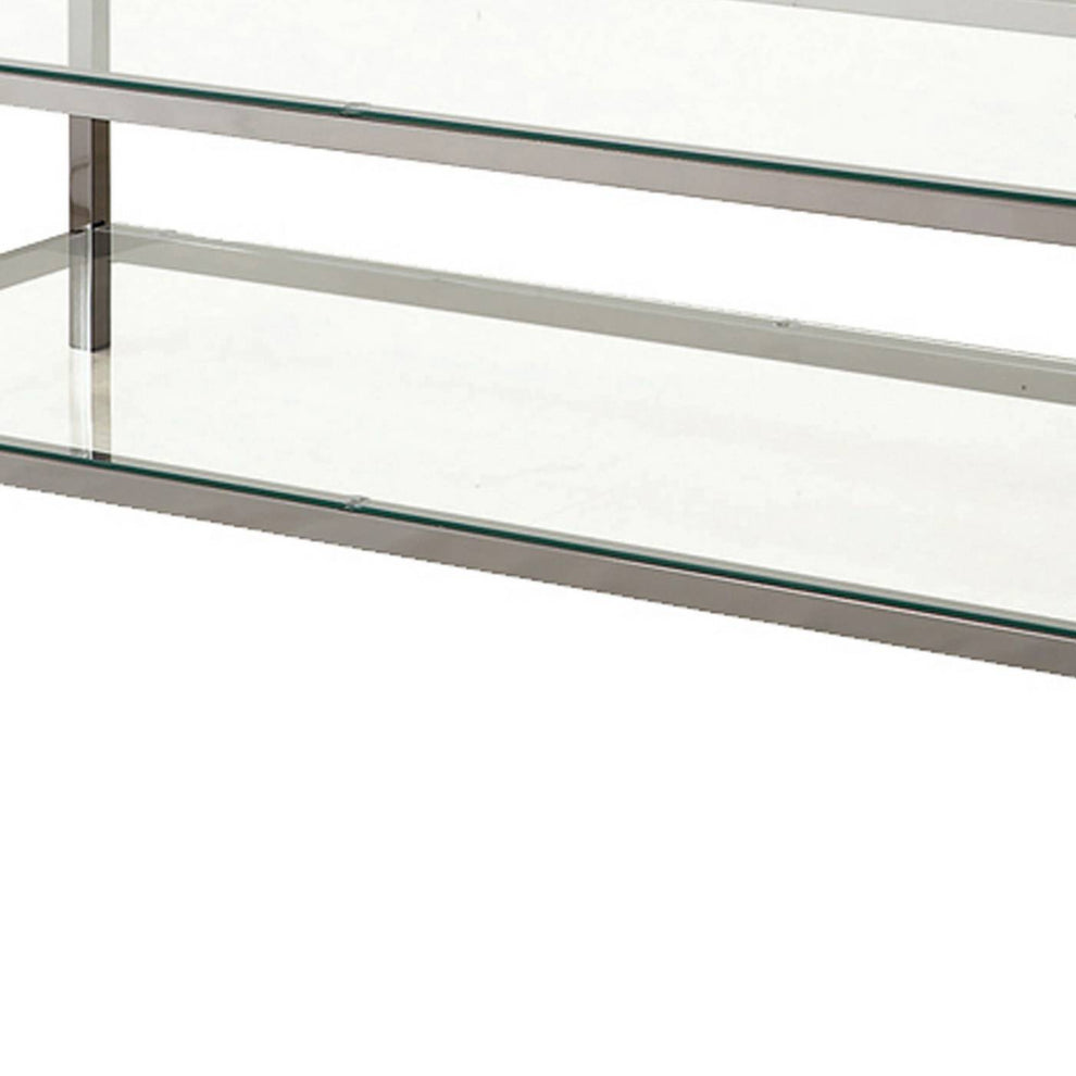 Glass Top Coffee Table With Metal Frame And Open Shelf, Silver By Benzara | Coffee Tables |  Modishstore  - 3