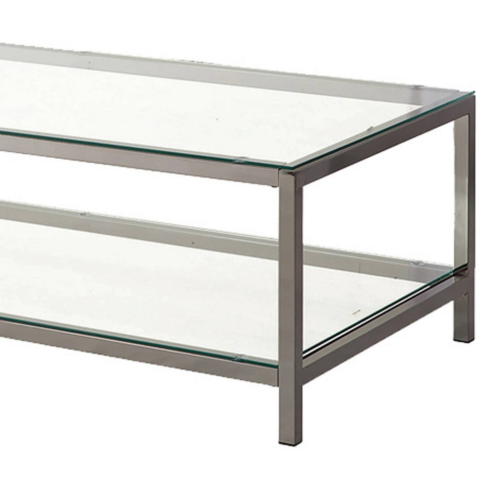 Glass Top Coffee Table With Metal Frame And Open Shelf, Silver By Benzara | Coffee Tables |  Modishstore  - 4
