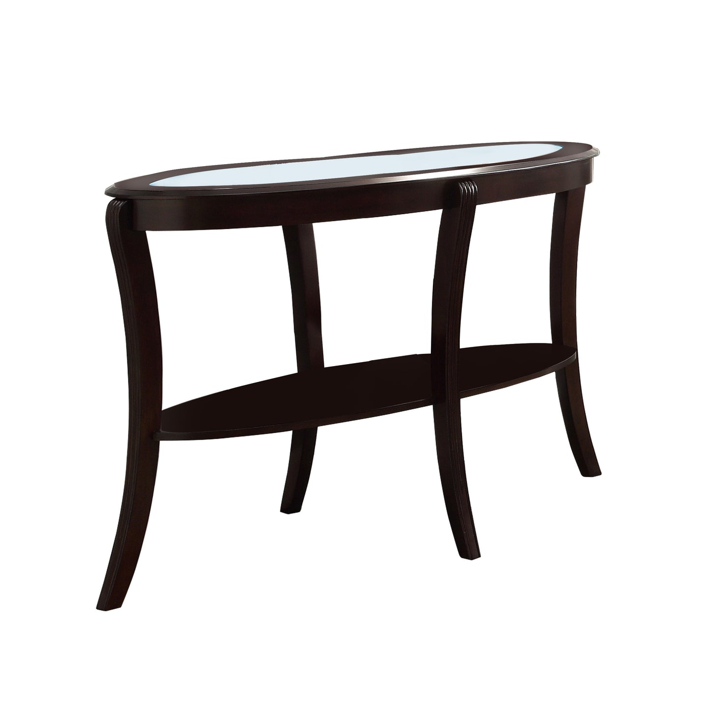 Oval Top Wooden Sofa Table With Glass Insert And Open Shelf, Espresso Brown By Benzara | End Tables | Modishstore