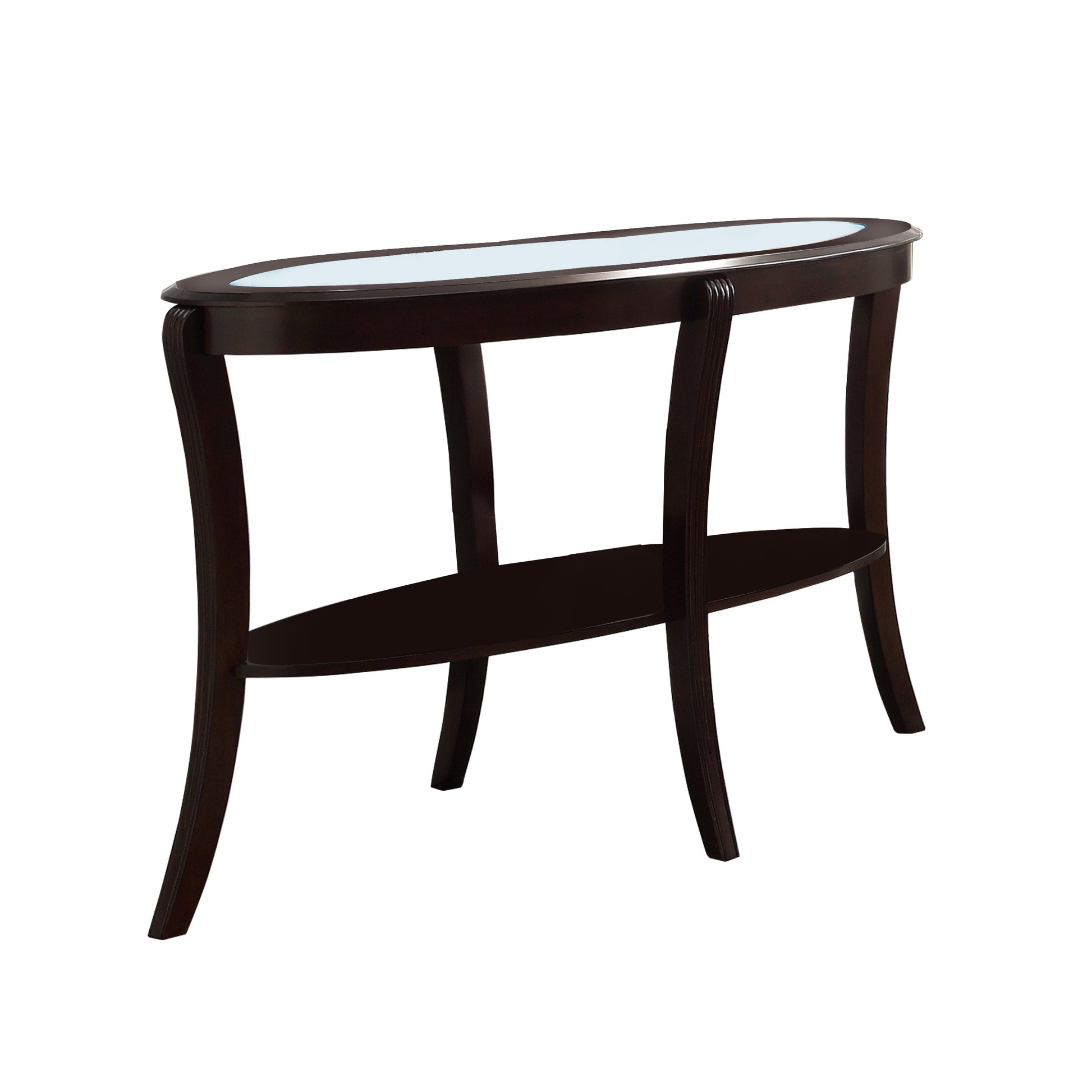 Oval Top Wooden Sofa Table With Glass Insert And Open Shelf, Espresso Brown By Benzara | End Tables | Modishstore