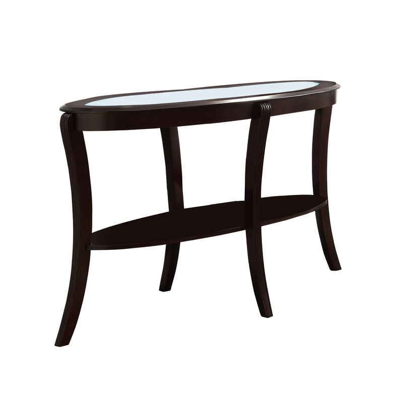 Oval Top Wooden Sofa Table With Glass Insert And Open Shelf, Espresso Brown By Benzara | End Tables | Modishstore
