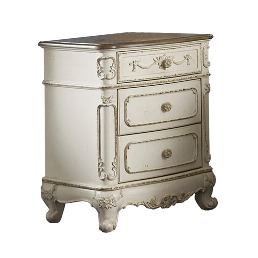 3 Drawer Nightstand With Floral Motif Carving Details, Antique White And Brown By Benzara | Nightstands | Modishstore