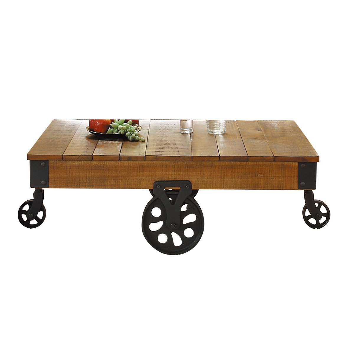 Plank Style Wooden Cocktail Table With Casters, Brown And Black By Benzara | Coffee Tables |  Modishstore  - 2