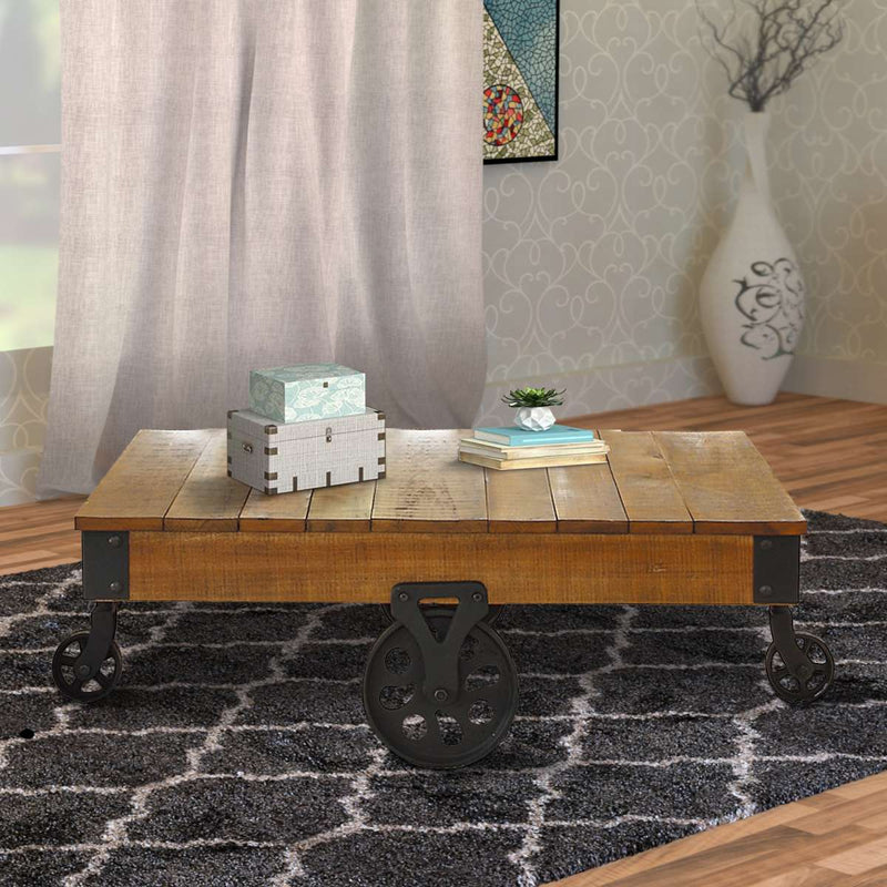 Plank Style Wooden Cocktail Table With Casters, Brown And Black By Benzara | Coffee Tables |  Modishstore 