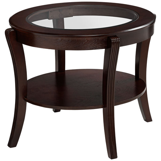 Oval Top Wooden End Table With Glass Insert And Open Shelf, Espresso Brown By Benzara | End Tables | Modishstore
