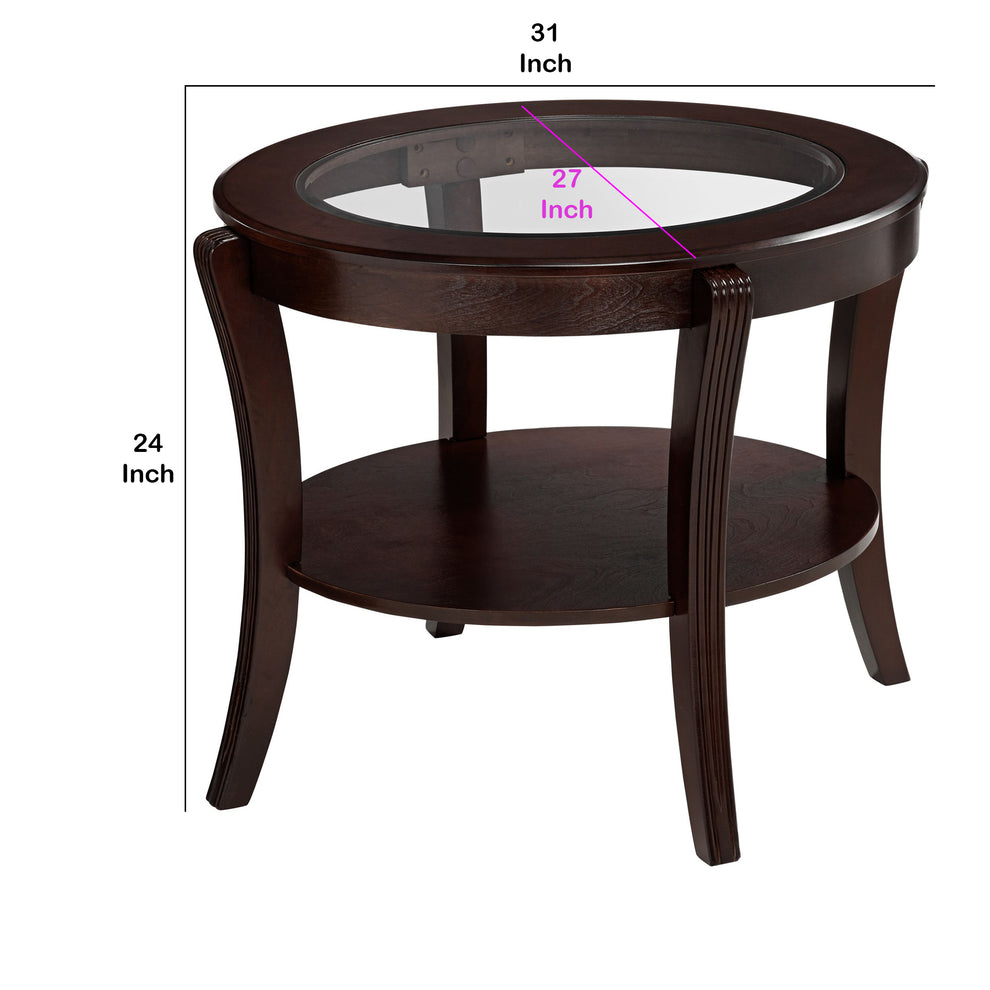 Oval Top Wooden End Table With Glass Insert And Open Shelf, Espresso Brown By Benzara | End Tables | Modishstore - 5