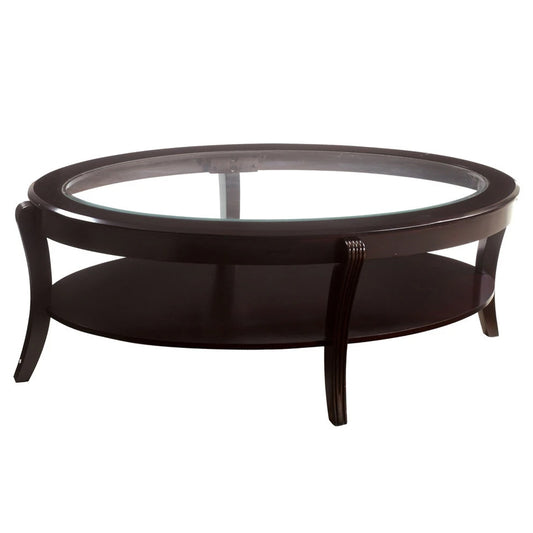 Oval Wooden Cocktail Table With Glass Insert And Open Shelf, Espresso Brown By Benzara | Coffee Tables | Modishstore