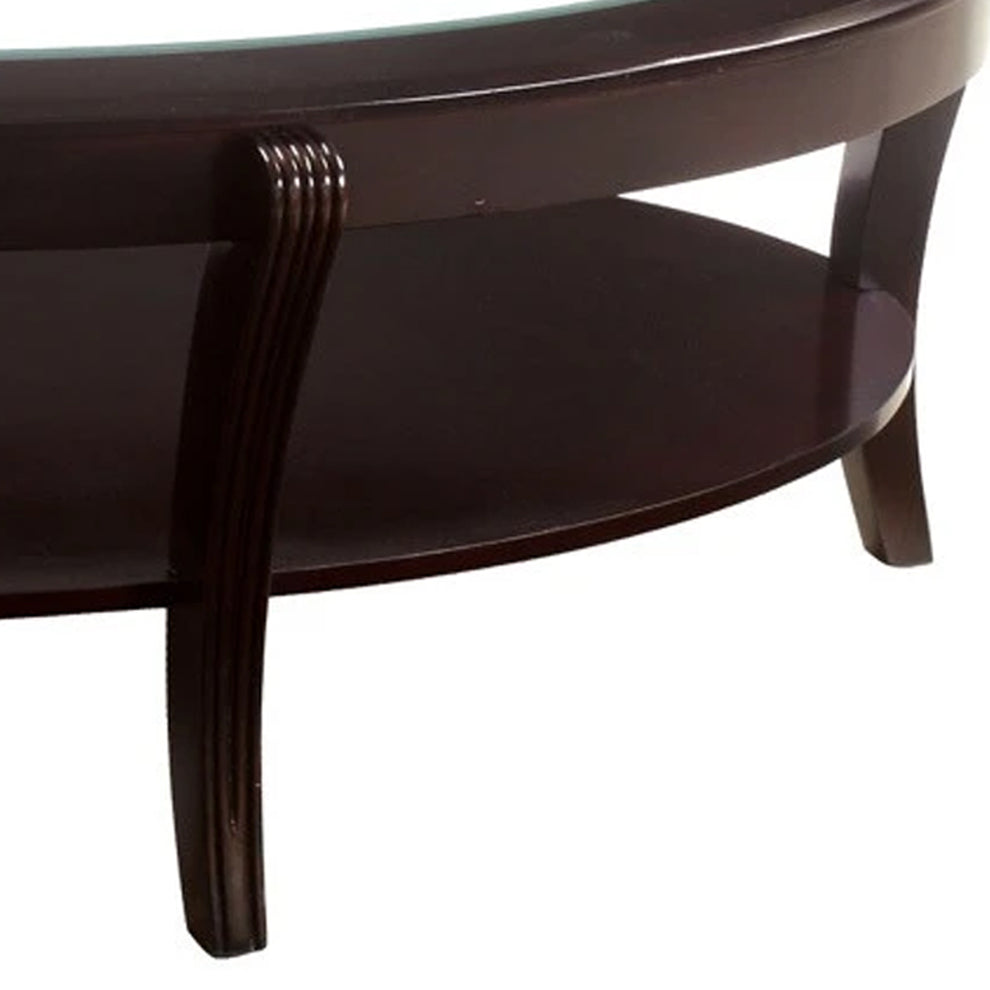 Oval Wooden Cocktail Table With Glass Insert And Open Shelf, Espresso Brown By Benzara | Coffee Tables | Modishstore - 3