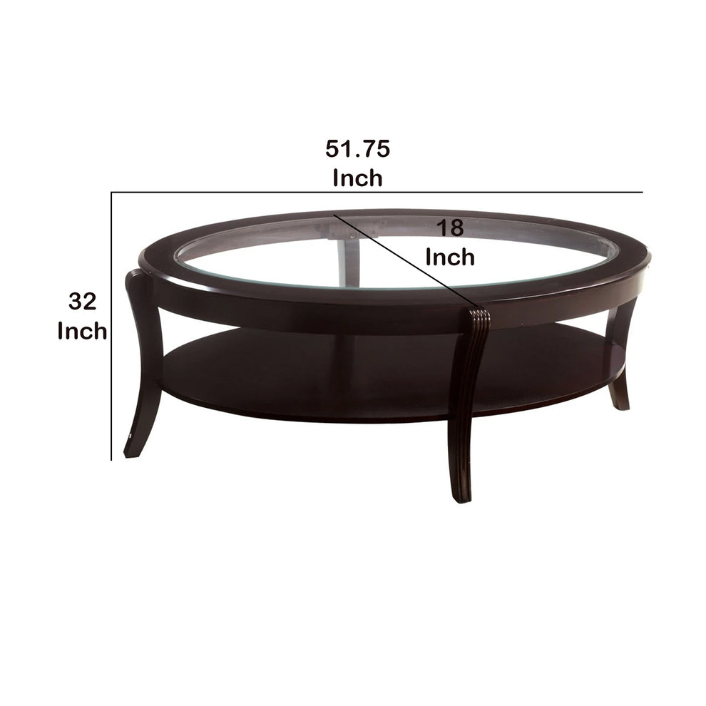 Oval Wooden Cocktail Table With Glass Insert And Open Shelf, Espresso Brown By Benzara | Coffee Tables | Modishstore - 5