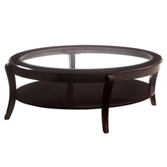 Oval Wooden Cocktail Table With Glass Insert And Open Shelf, Espresso Brown By Benzara