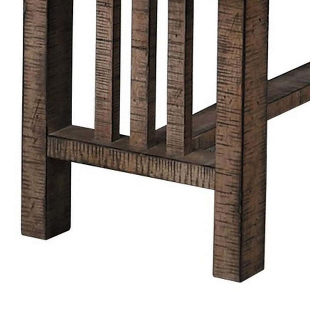 Rectangular Grained Wooden Bench With Slatted Side Panels, Brown By Benzara | Benches |  Modishstore  - 3