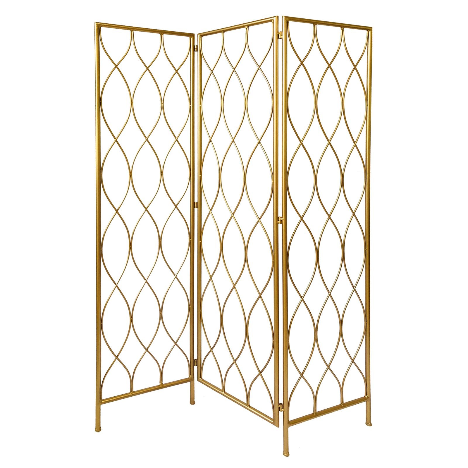 3 Panel Metal Frame Screen With Twisted Oval Design, Gold By Benzara | Room Divider |  Modishstore 