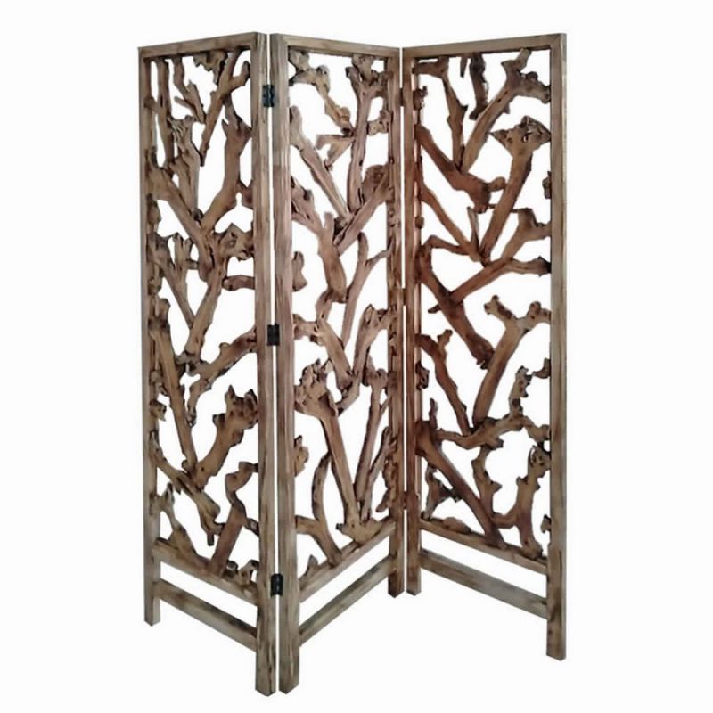 3 Panel Wooden Screen With Mulberry Alpine Like Branches Design, Brown By Benzara | Room Divider |  Modishstore 