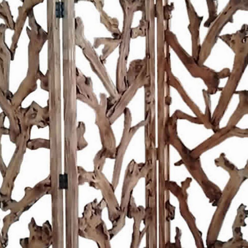3 Panel Wooden Screen With Mulberry Alpine Like Branches Design, Brown By Benzara | Room Divider |  Modishstore  - 4