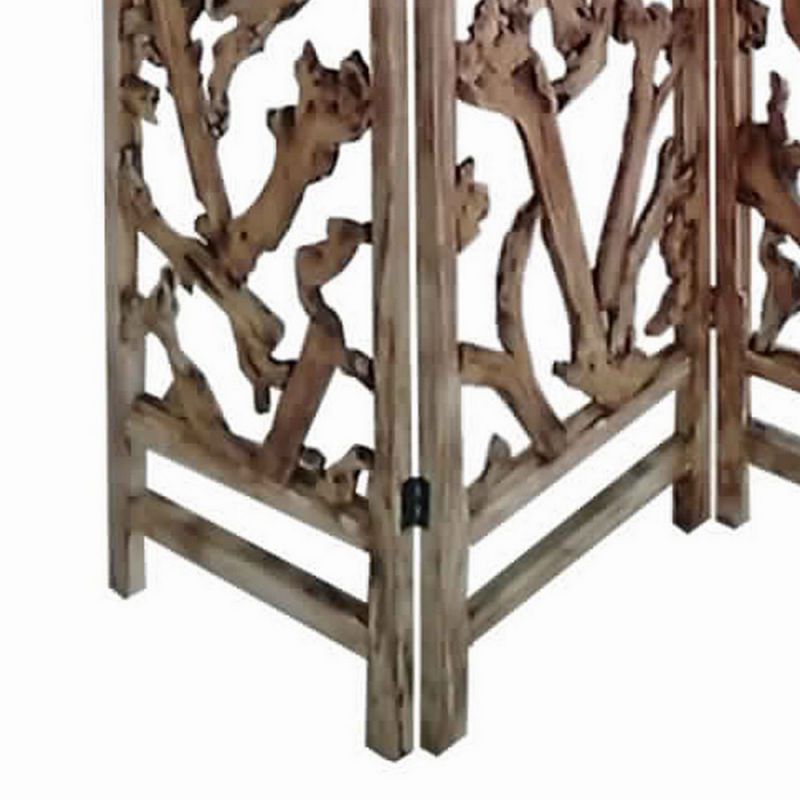 3 Panel Wooden Screen With Mulberry Alpine Like Branches Design, Brown By Benzara | Room Divider |  Modishstore  - 3