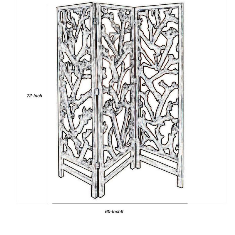 3 Panel Wooden Screen With Mulberry Alpine Like Branches Design, Brown By Benzara | Room Divider |  Modishstore  - 2