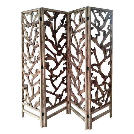 4 Panel Wooden Screen With Mulberry Alpine Like Branches Design, Brown By Benzara | Room Divider |  Modishstore 