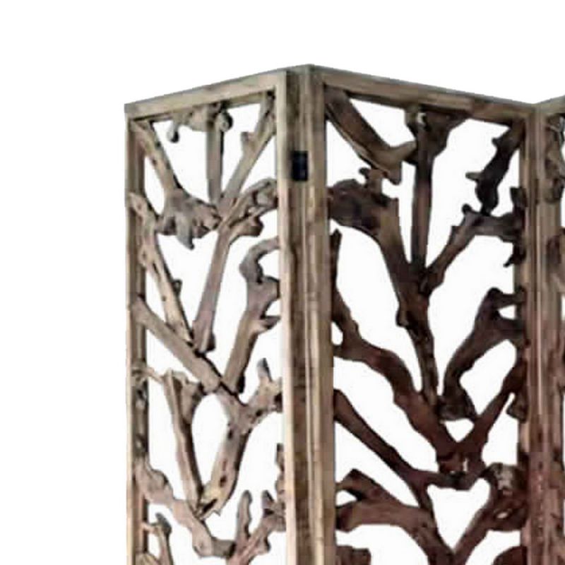 4 Panel Wooden Screen With Mulberry Alpine Like Branches Design, Brown By Benzara | Room Divider |  Modishstore  - 5